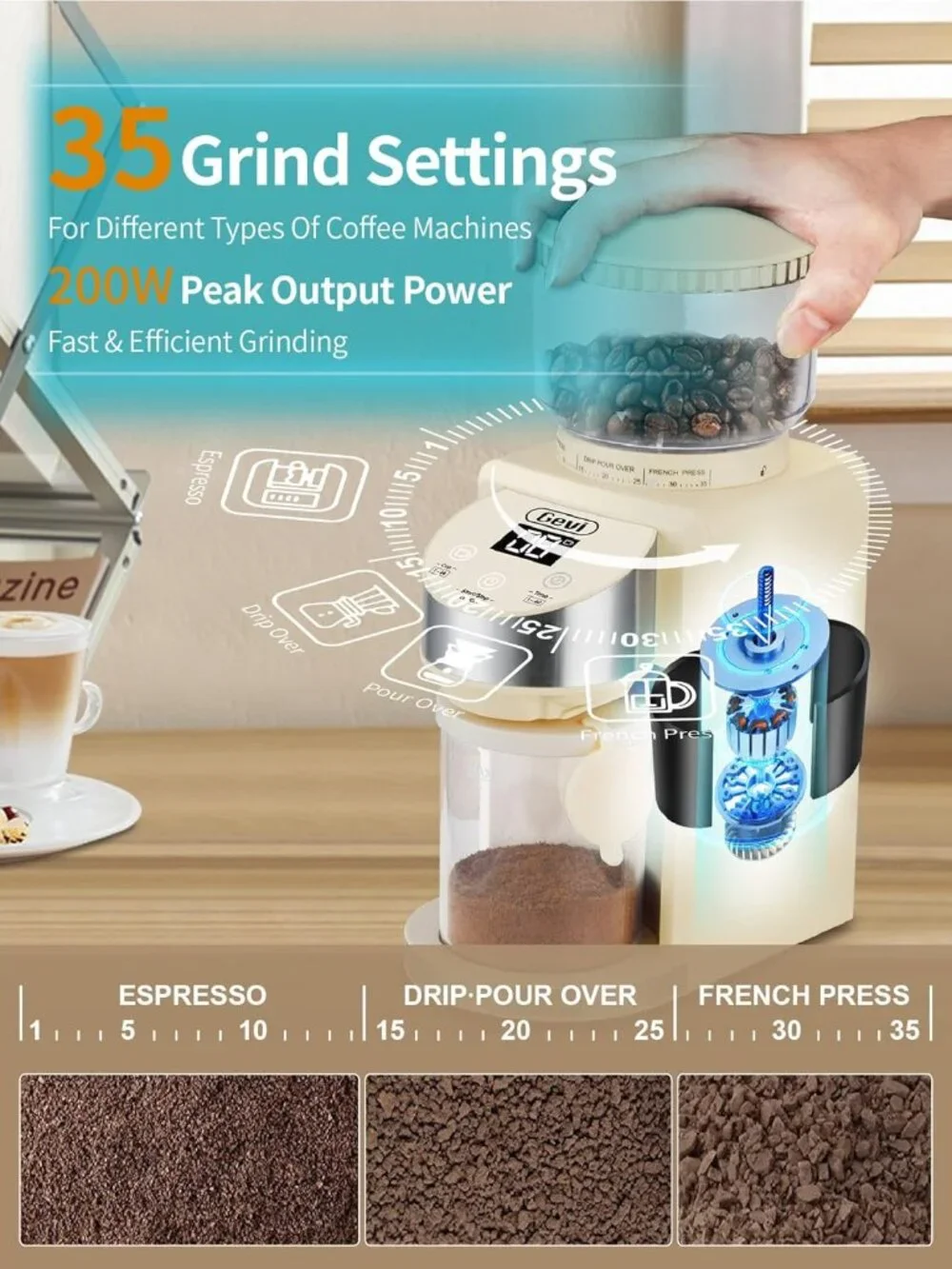 Gevi Burr Coffee Grinder, Adjustable Burr Mill with 35 Precise Grind Settings, - Picture 4 of 13